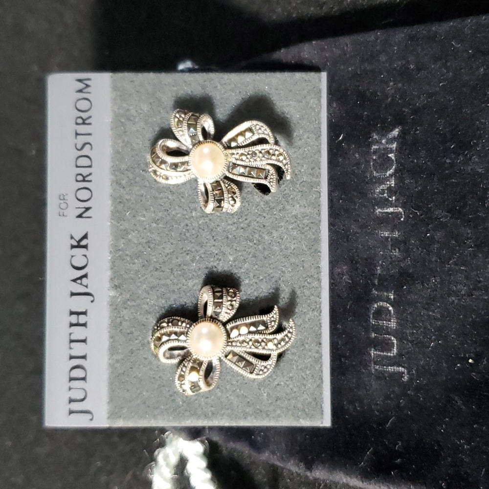 Vintage Judith Jack Bow Marcasite Faux Pearl Earrings